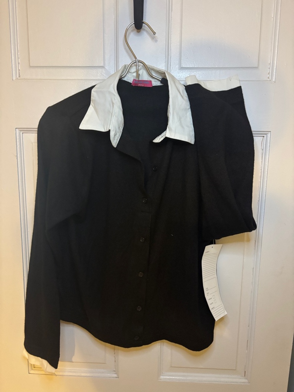 Black Button-Front Cashmere Sweater with White Collar and Cuffs